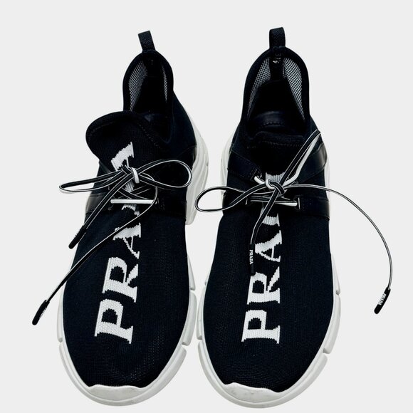 PRADA Logo Knit Women’s Sneakers Size 37.5 7.5 black and white - Picture 1 of 13